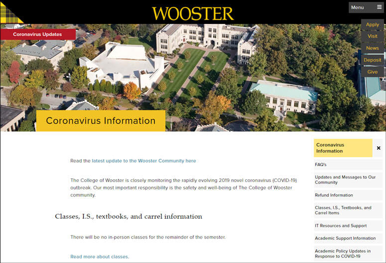The College of Wooster created crisis pages targeted to specific audiences.