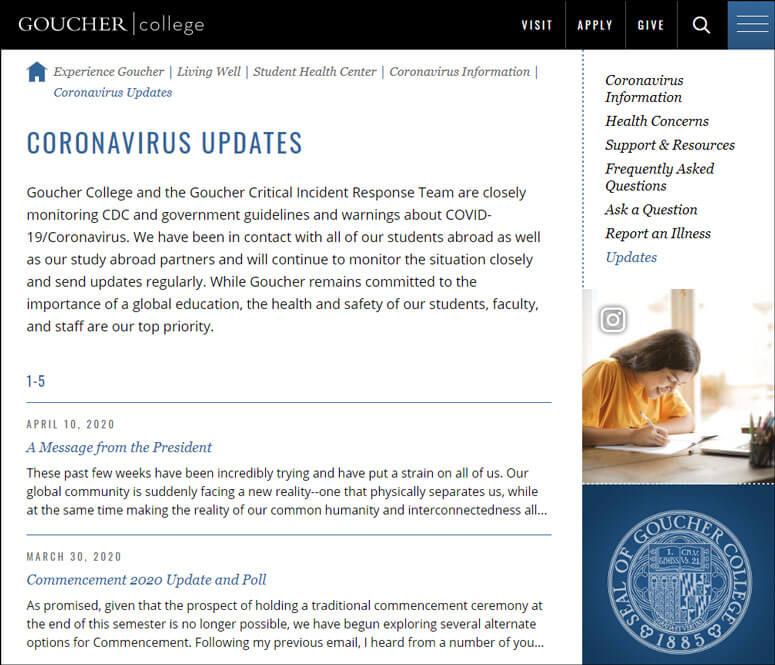Goucher College has kept a chronological archive of crisis updates so that students can go back and find important information as it was first reported.